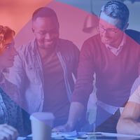 multicoloured overlay on an office image representing being named in the top 100 most thriving companies to work for